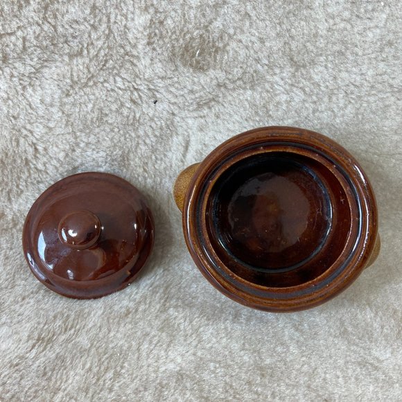 Vintage Stoneware Small Bean Pot in Tan and Brown Glaze Farmhouse - Picture 5 of 9